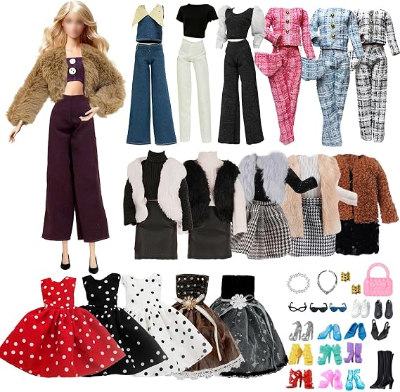 21 Doll Clothes Compatible with Barbie Include Brown Supermodel Plush Set Plush Vest Set Chunky Knit Set Denim Set Polka Dot Dress Sequined Dress 6 Shoes 6 Accessories for 11.5 Inch Dolls Girls Gift