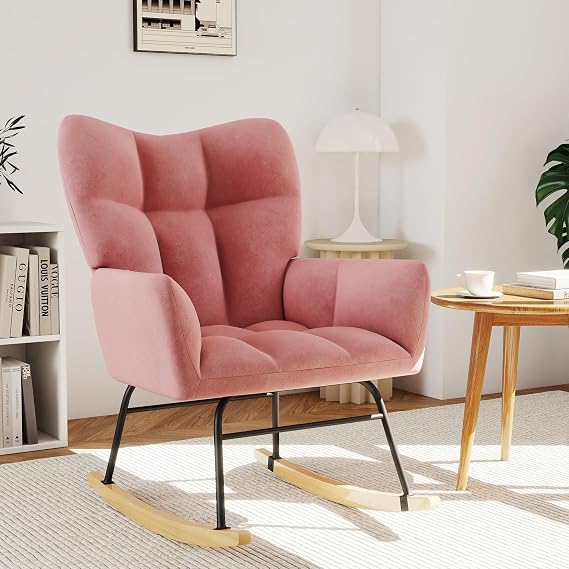 Murago Rocking Chair Nursery, Nursery Rocking Chairs, Baby Rocker, Glider Rocker, Safety Anti Tip Design, 440 Lb. Capacity, Cotton Fabric Cover, Pink