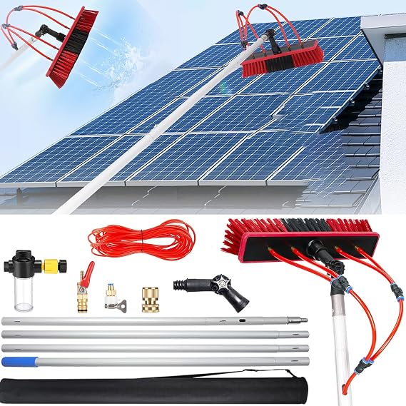 Solar Panel Cleaning Kit: 8 Metres Telescoping Pole, Water Fed Brush, Soap Dispenser and 20m Hose, Cleaning PV System, Windows, Conservatory Roofs & Cars - 55cm Brush