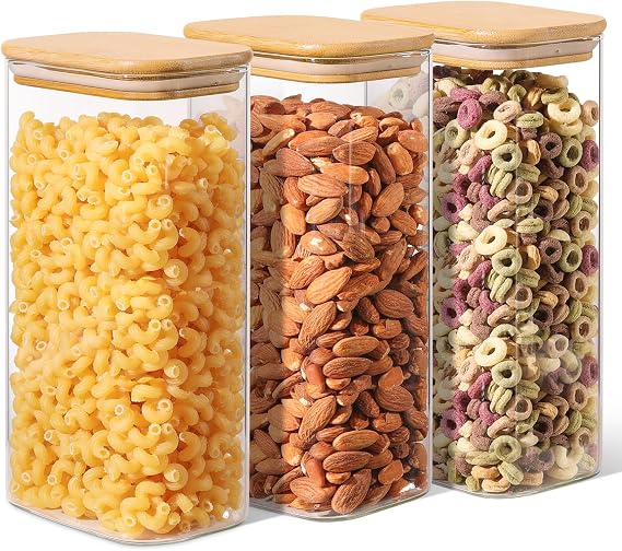 ComSaf 1.7L Rectangle Glass Storage Jars with Bamboo Lids for Cereal 3 Pack