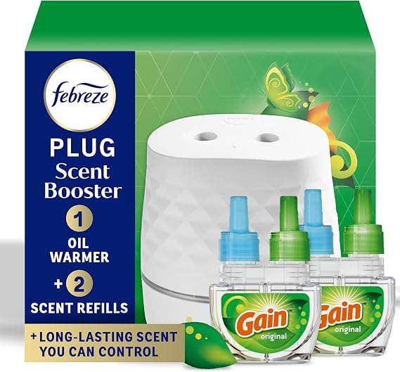 Febreze Plug Scent Booster Starter Kit Air Freshener, Oil Diffuser, Continuous Scent Device, Includes 2 Gain Refills