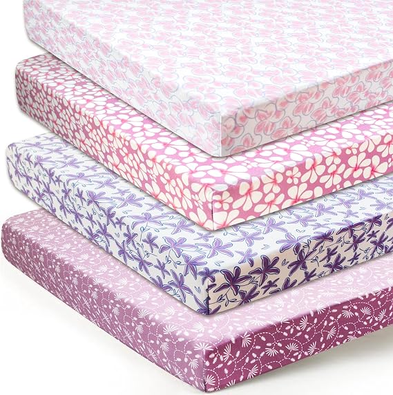 Stretchy Fitted Crib Sheet for Unisex Baby 4 Pack for 52 * 28 inches Standard Crib and Toddler Mattress,Breathable and Ultra Soft Baby Sheet,Leaves Pattern