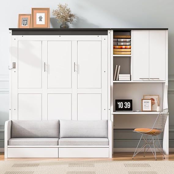 KLMM Modern Full Size Murphy Bed with Sofa,Desk and Storage Cabinet,Foldable Bed for Bedroom Studio Study Office Guest Room Use (White#A, Full)