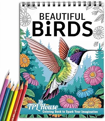 TPLHOUSE Beautiful Birds Coloring Book Spiral Bound for Adults, Premium Cover, 30 Serene Coloring Pages of Tropical Birds for Stress Relief and Relaxation