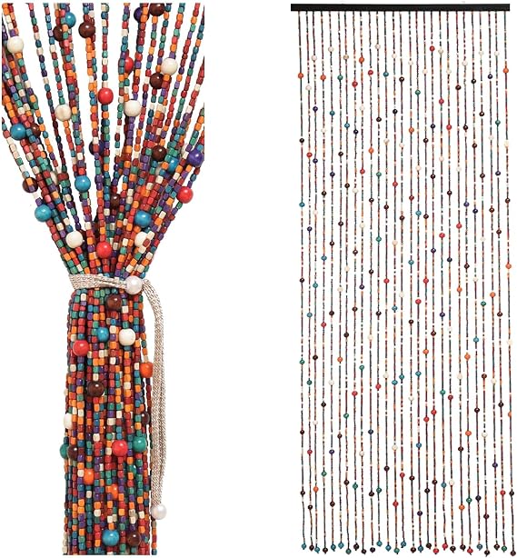 Beaded Curtain for Doorways - Colorful Boho Bamboo Handmade Hanging Wooden Door Beads, Fly Screen, 90 x 190 cm