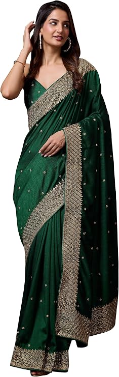 TRENDMALLS Women's Vichitra Silk Embroidery Work Saree with Unstitch Blouse Piece
