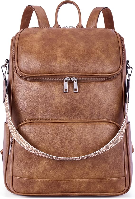 15.6 Inch Leather Laptop Backpack for Women Work Travel Bag Brown