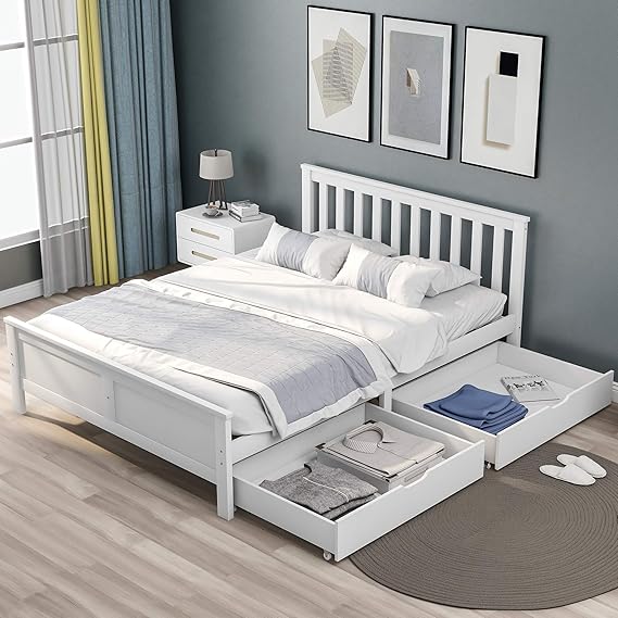 Wooden Solid White Pine Storage Bed with Drawers, 4FT6 Double Bed Frame 190x135cm, Durable Slatted Base, Modern Design for Adults, Kids, and Teenagers (White) - NO MATRESS