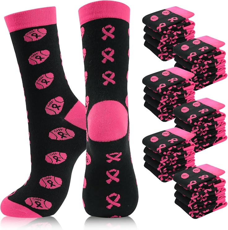 12 Pairs Breast Cancer Awareness Pink Ribbon Socks, Comfortable and Soft Pink Black Mid-calf Soccer Socks for Women Men Children, Moisture-Wicking Fabric Athletic Socks Bulk