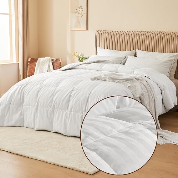 puredown Goose Feather Down Comforter - All Season Duvet Insert, Ultra Fluffy Soft Cotton Shell Cover Luxurious Hotel Collection Comforters 500 Thread with Ties, (White Stripe, 106x90'')