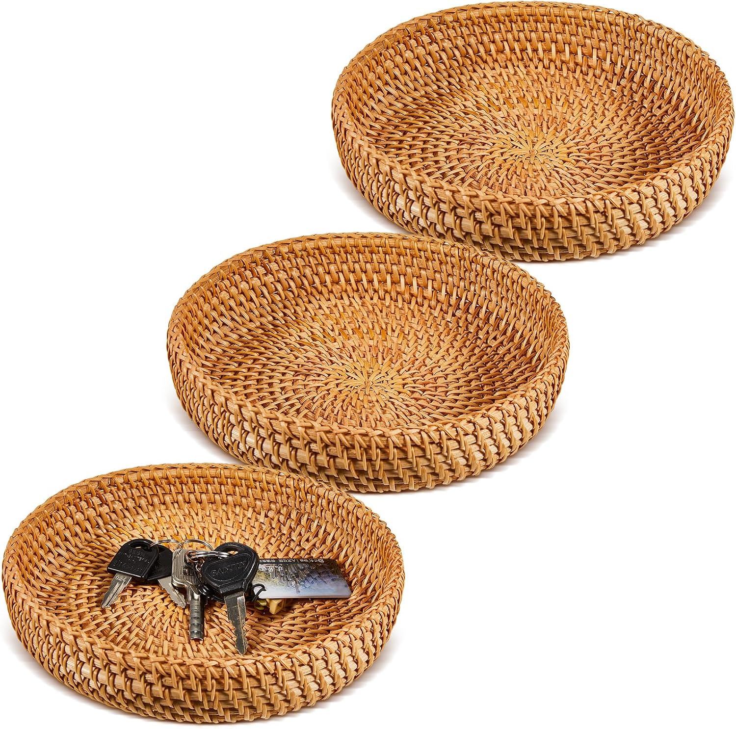 Hushee 3 Pcs Small Round Keys Basket for Entryway Woven Bowl Basket Rattan Wicker Round Tray Organizing for Keys Wallet Cell Phone Tabletop Serving Fruit Food Holder Decorative Table Storage