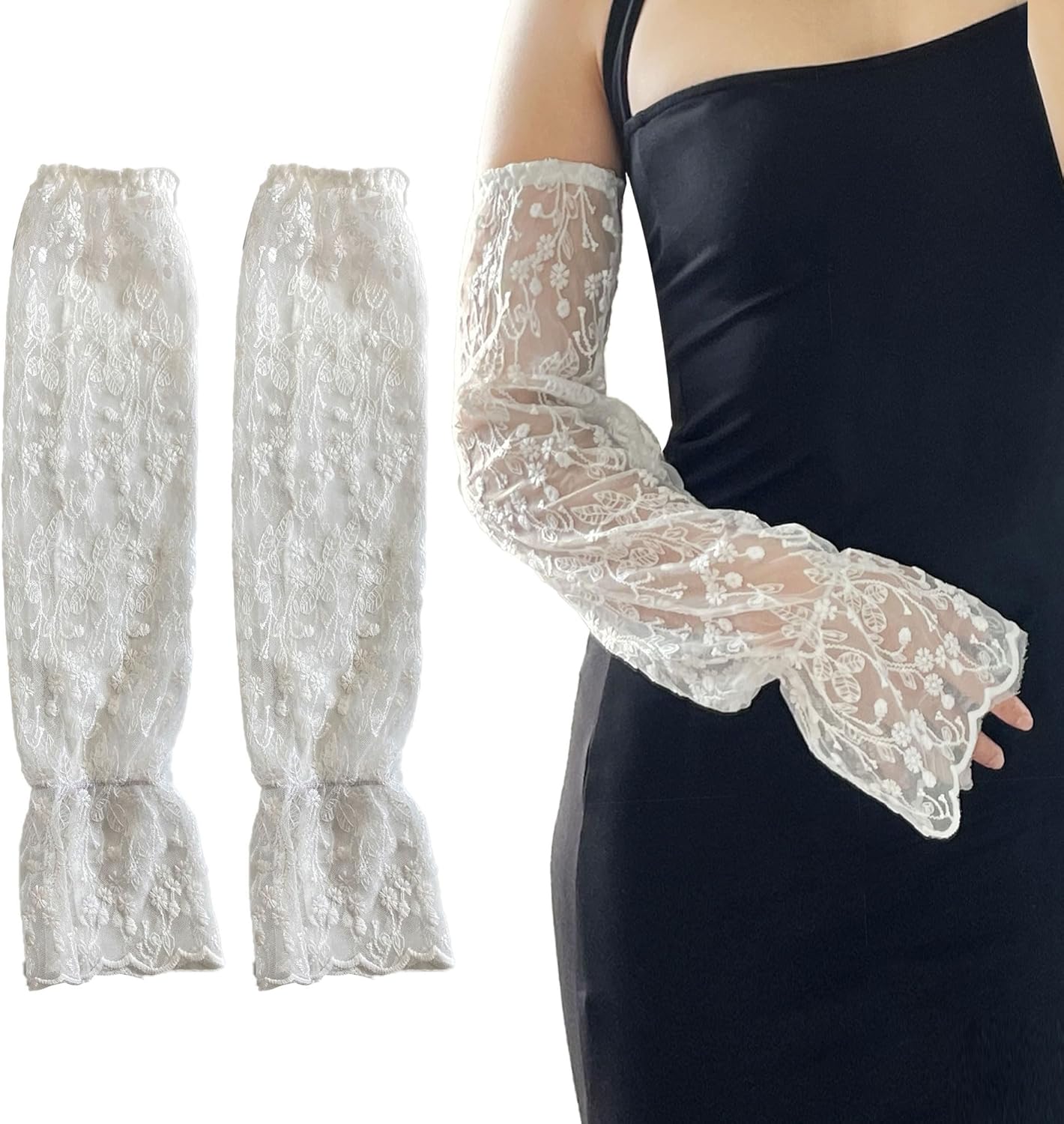 White Lace Arm Sleeves, To Cover Arms Women detachable tulle sheer sleeves mesh Fashion Puffy sleeves Gloves Costume,fingerless lace gloves