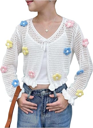OYOANGLE Girl's 3D Flower Crochet Cardigan Sweater Hollow Out Tie Front Ruffle Cropped Sweaters