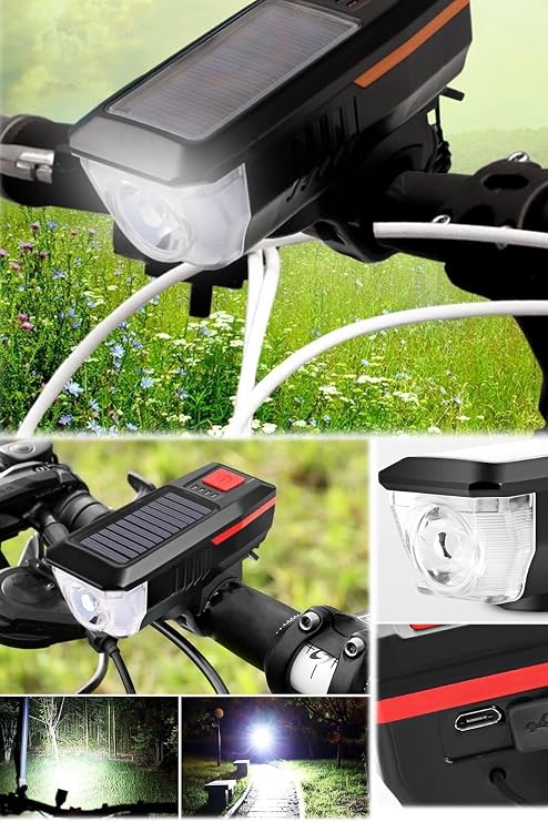 3 Modlu Elektriksiz Şarjlı Bisiklet Farı Ve Kornası Seti 120 Desibel Uzun Mesafe Led Işık