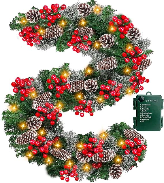 Timer 8 Mode - 9Ft by 10 Inch Prelit Christmas Garland with 50 Warm Lights,Thick 270 Snowy Tips 70 Red Berry 10 Pinecone Battery Operated Real Touch Cedar Xmas Garland Door Mantle Indoor Outdoor
