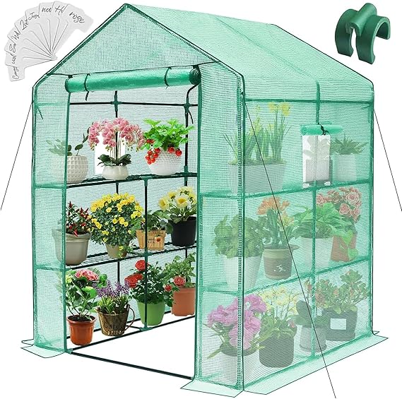 Greengro Greenhouse, 57 57 76" Portable Green House for Outdoor Indoor | Walk in Plant Greenhouses for Backyard, Heavy-duty Frame, Thickened PE Cover, Screen Windows, 3 Tiers 8 Shelves, Shelf Clips