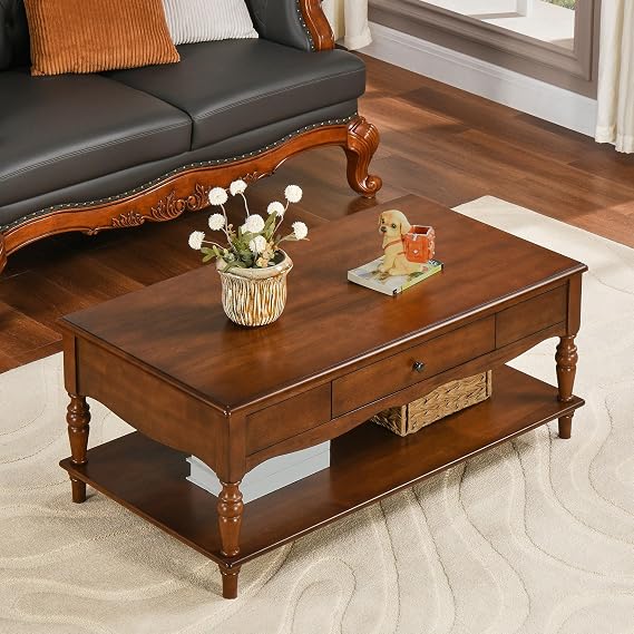 Rectangular Coffee Table with 2 Storage Drawers, Mid-century Solid Wood Living Room Table with Carved Leg, Elegant Vintage Center Table, No-Tools Assembly, 43.3L x 23.6W x 18H Caramel Brown KFZC008