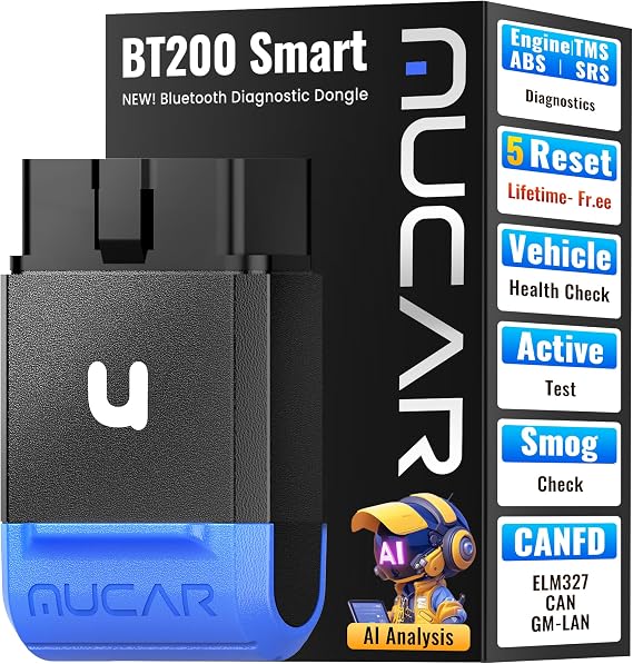MUCAR BT200 Smart AI-Assisted OBD2 Scanner Bluetooth, OIL TPMS BRAKE BMS SAS Reset with Engine/TMS/ABS/SRS System for iOS & Android, Vehicle Health Check, Smog Check, Active Test, Lifetime Free Update
