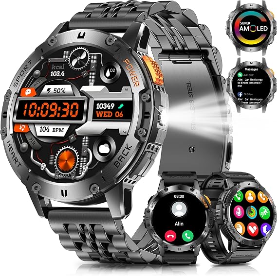 Military Smart Watches for Men with Bluetooth Call, 1.43" AMOLED Waterproof Smartwatch with Flashlight, 111 Sport Modes, 530mAh Heart Rate/SpO2/Sleep Monitor Fitness Tracker for Android iOS