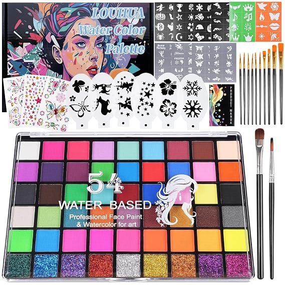 LOUHUA 54 Colors Face Painting Kit for Kids, Water Activated Face Paint Palette with Stencils, Brushes and Gems for Parties, Halloween, Birthday and Cosplay