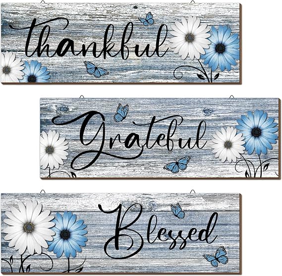 Geetery 3 Pcs Blue Bathroom Wall Decor Thankful Grateful Blessed Sign Decor