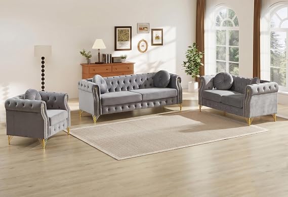 3 Piece Chesterfield Sofa Velvet Sets, Mid Century Modern Button Tufted Couch with Nailhead Trim & Gold Legs, Deep Seat Comfy Couch Set with Pillows for Living Room, Bedroom, Apartment, Office, Grey
