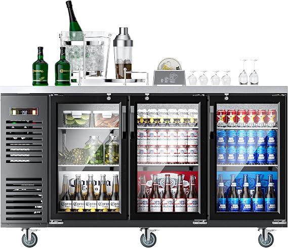 Coolake 72 Commercial Back Bar Cooler with 3 Glass Doors, 24.2 Cu.Ft. Stainless Steel Top Back Bar Refrigerator, 33-41F Counter Height Back Beverage Refrigerator for Bar Restaurant Office