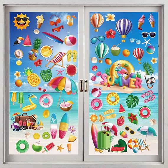 Summer Window Clings for Glass Windows 100 PCS Removable & Reusable Seasonal Window Stickers, Vibrant Beach/Tropical Designs for Home, Office, Party Decor (Sun, Palm, Flamingo, Watermelon)