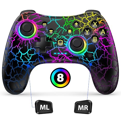 Hall Effect Switch Controller for Nintendo Switch/Switch 2/Lite/OLED, Gammeefy Wireless Switch Pro Controller Compatible with PC/Android/iOS, 9 Color Adjustable LED Switch Remote with App & Programmable