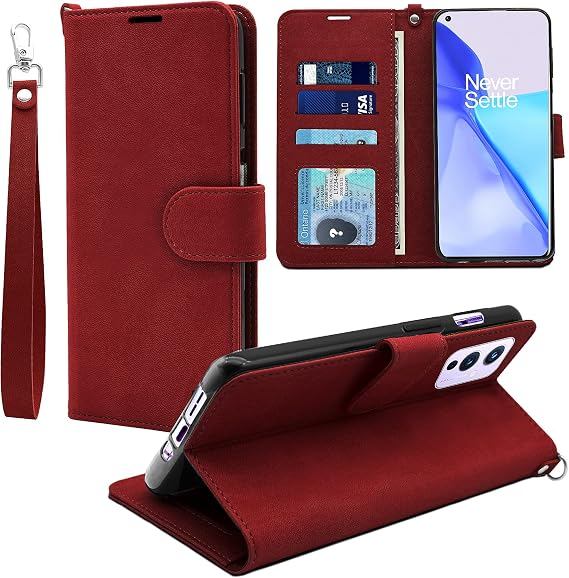 DOUBLE-N for OnePlus 9 Case, Premium PU Leather OnePlus 9 5G Wallet Case, Flip Folio Shockproof Cover with Wrist Strap Card Holder Kickstand for OnePlus 9 (Red)