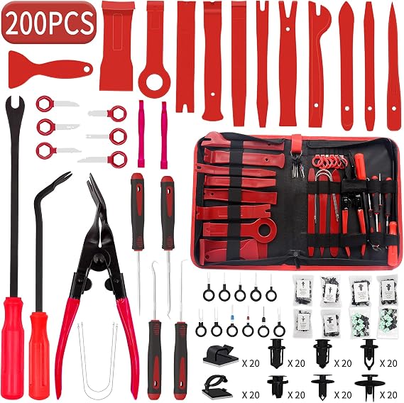 Trim Removal Tool, 200PCS Trim Tool Auto Removal Kit, Plastic Panel Fastener Removal Tool, Trim Removal Kit for Car/Trim/Panel/Door/Audio/Auto Clip Pliers/Terminal Removal Tool Kit (Red)