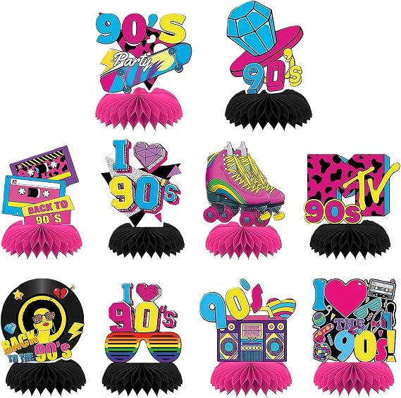 90s Party Decorations Pack of 10 90s Party Decoration Disco Table Toppers Honeycomb Table Decoration Table Decorations Party Accessories Retro Table Decoration for Birthday Vintage Theme Party
