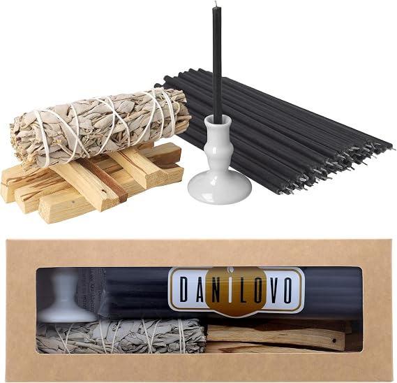 Danilovo Smudging Kit 5 Palo Santo Sticks, 1 White Sage Smudge Stick, 50 Beeswax Taper Candles & Ceramic Candle Holder Set for Meditation, Cleansing, and Spiritual Practices
