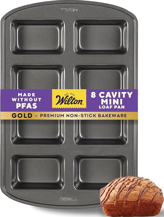 Wilton Gold Non-Stick Mini Loaf Pan, Stainless Steel, 8-Cavity | Non-Stick Steel with Scratch-Resistant Coating, Resists Warping, Dishwasher Safe, Perfect for Mini Breads & Pound Cakes
