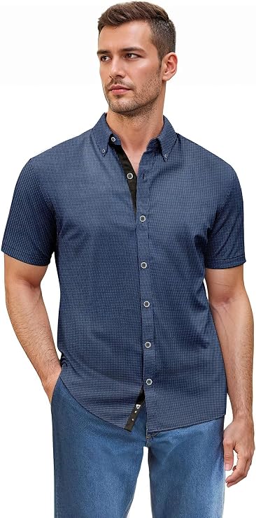 ETHANOL Men's Slim Fit Short Sleeve Shirt | Performance woven fabric, wrinkle resistant, classic slim fit, printed design, suitable for work, travel, and casual wear