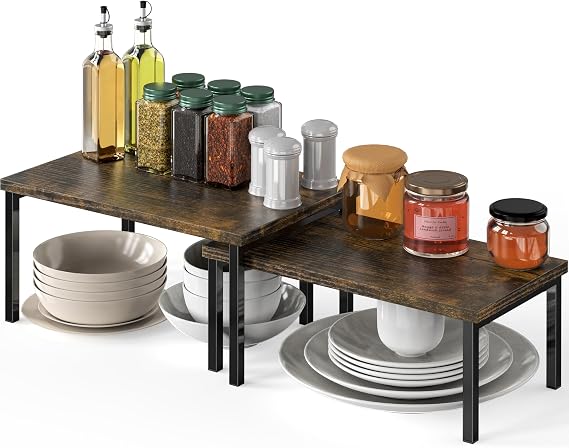 Simple Houseware Stackable Cabinet Counter Shelf Wooden Top, Rustic Brown