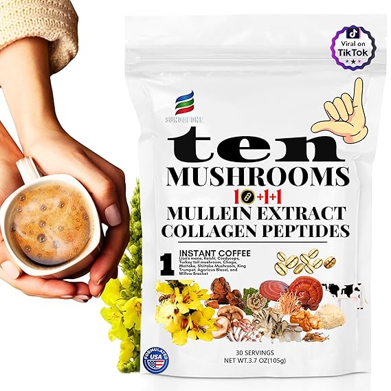 SUNDAFONE Mushroom Coffee with Grass-Fed Collagen, Mullein,Lions Mane, Reishi and 10 Adaptogenic Mushrooms; Super Instant Cold Brew Protein Iced Coffee Blend; 0g of Sugar, Low Caffeine, 30 Servings