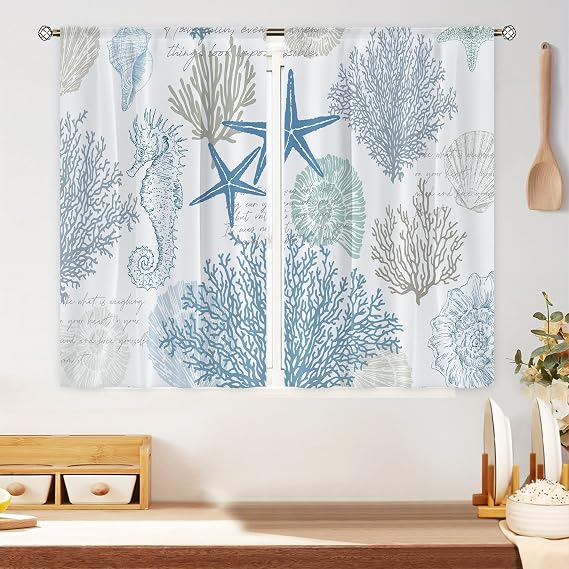 Coastal Starfish Nautical Beach Kitchen Curtains Ocean Sea Blue Coral Seashell Small Short Cafe Window Curtain Seahorse Sealife Aesthetic Rod Pocket Tier Window Treatment Drapes (27.5x39 Inch)
