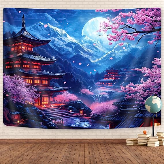 Japanese Tapestry, Purple Cherry Blossom Floral Asian Chinese Oriental Tapestry Wall Haning, Cool Japan Anime Moon Night Mountains Abstract Ink Painting Tapestries for Bedroom Living Room 80"x60"