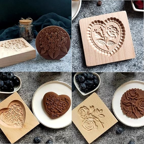 4Pcs Wooden Cookie Molds Carved Wooden Cookie Mold Baking Flower Cookie Mold Wooden Kitchen Cookie Cutter Biscuit Embossing Press Molds DIY Baking Tools (4Pcs Flower Set)