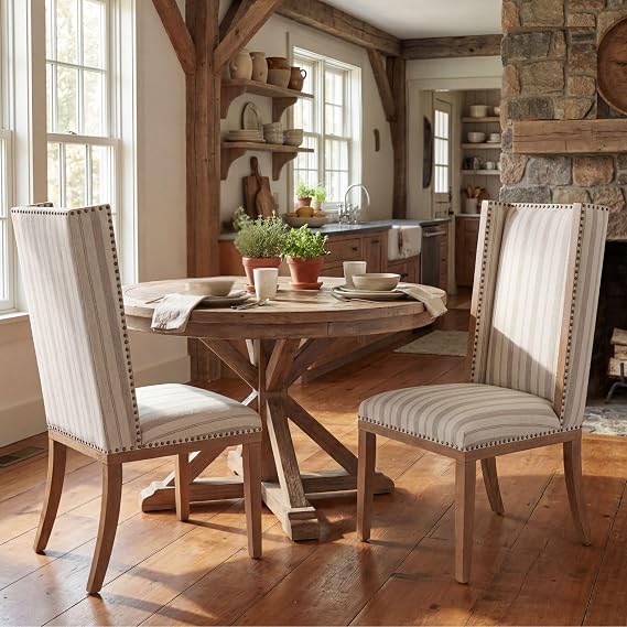 Kmax High Back Dining Chairs Set of 2, Parsons Dinner Chairs Upholstered Fabric & Nailed Trim Wood Kitchen Chairs, Khaki Stripe