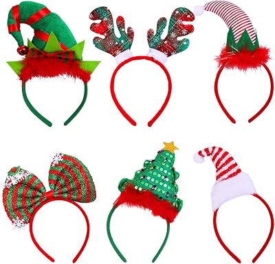 ELCOHO 6 Pack Christmas Headbands - Xmas Party Hat & Reindeer Antlers Headband for Christmas Party Decoration