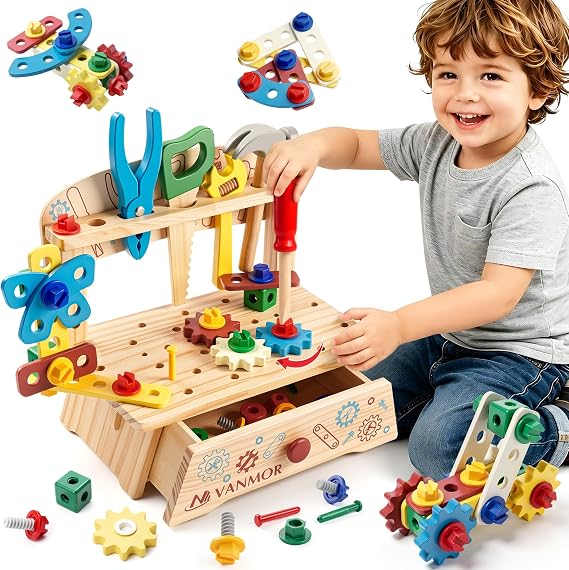 Vanmor Wooden Tool Set for Kids, 57 PCS Tabletop Building Toy with Bench