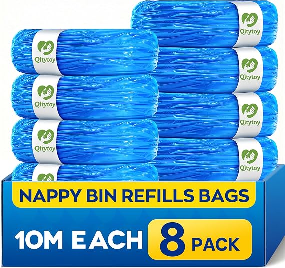 8 Pack Nappy Bin Refill Bags,10M Each Nappy Bags 7-layer&Anti-Odor