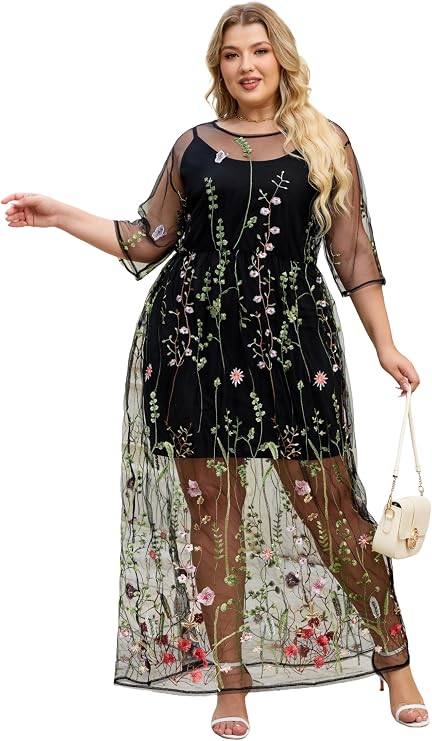 BaronHong Women's Floral Embroidered Tulle Prom Half-Sleeve V Neck Midi Dress with Waist Strap