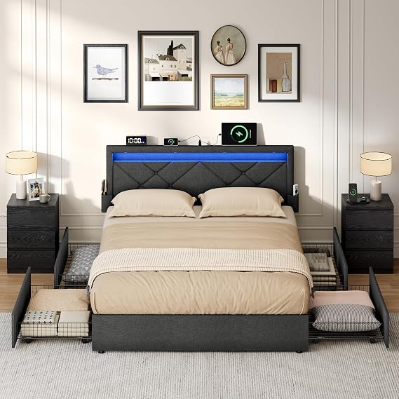 VASAGLE Double Bed Frame with LED Lights, Underbed Storage Drawers
