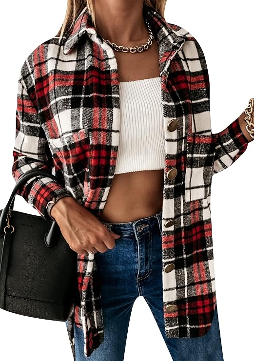 YMING Womens Color Block Plaid Shirts Button Down Loose Fit Cardigans Long Sleeve Pockets Shacket Blouse Tops