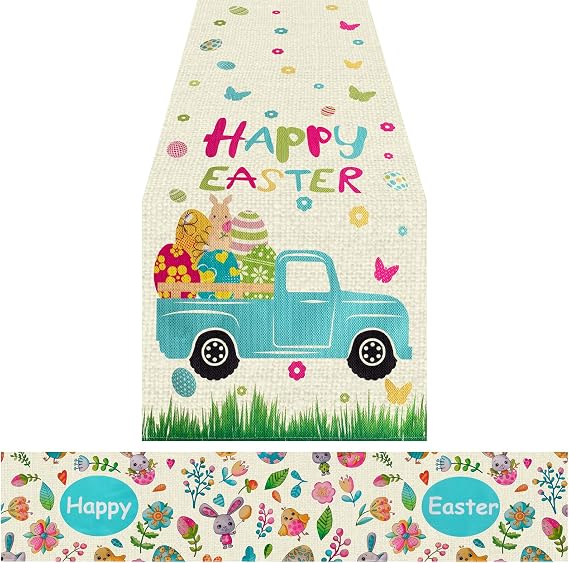 Bunny Happy Easter Table Runner, Easter Eggs Rabbits Easter Table Runner