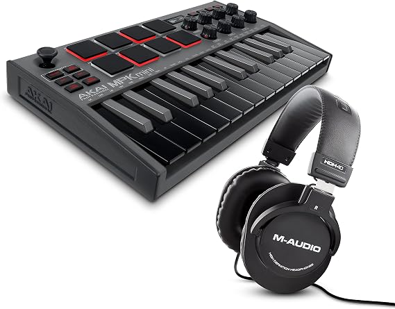 MIDI Controller Bundle - Akai Professional MPK Mini Black MK3 MIDI Keyboard with MPC Beats Production Software and M-AUDIO HDH40 Over Ear Headphones
