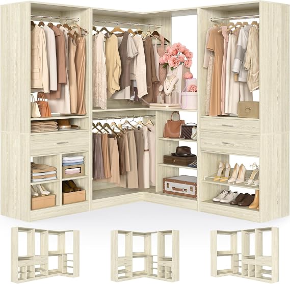 Unikito 86" Corner Closet System, Modular Closets Organizer with 4 Hanging Rods and Storage Shelves, Freestanding Wood Clothes Garment Rack with Drawers, Sturdy Walk in Closet Tower, White Oak